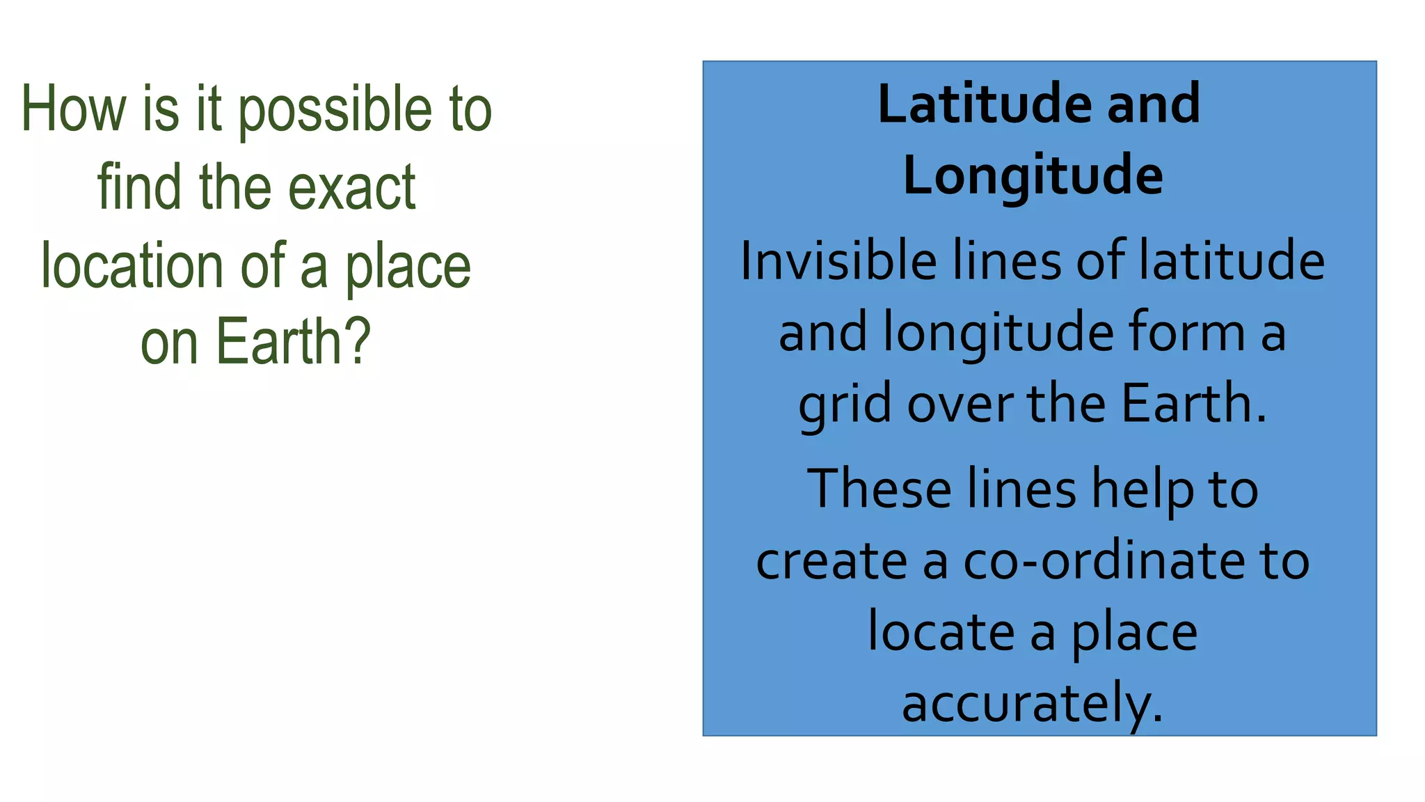 How is it possible to
find the exact
location of a place
on Earth?
Latitude and
Longitude
Invisible lines of latitude
and longitude form a
grid over the Earth.
These lines help to
create a co-ordinate to
locate a place
accurately.
 