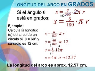 LONGITUD DEL ARCO EN GRADOS
Si el ángulo θ
está en grados:
rs 2360 πθ
⋅=
Ejemplo:
Calcula la longitud
(s) del arco de un
círculo si θ = 60º y
su radio es 12 cm.
57.124
12
12
3
1
180
60
180
≈=
⋅=
⋅⋅=
⋅=
ós
s
s
rs
π
π
π
πθ
La longitud del arco es aprox. 12.57 cm.
1
3
1
4
180
1
rs 180 πθ
⋅=
 