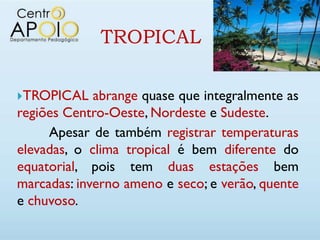 TROPICAL

TROPICAL    abrange quase que integralmente as
regiões Centro-Oeste, Nordeste e Sudeste.
     Apesar de também registrar temperaturas
elevadas, o clima tropical é bem diferente do
equatorial, pois tem duas estações bem
marcadas: inverno ameno e seco; e verão, quente
e chuvoso.
 