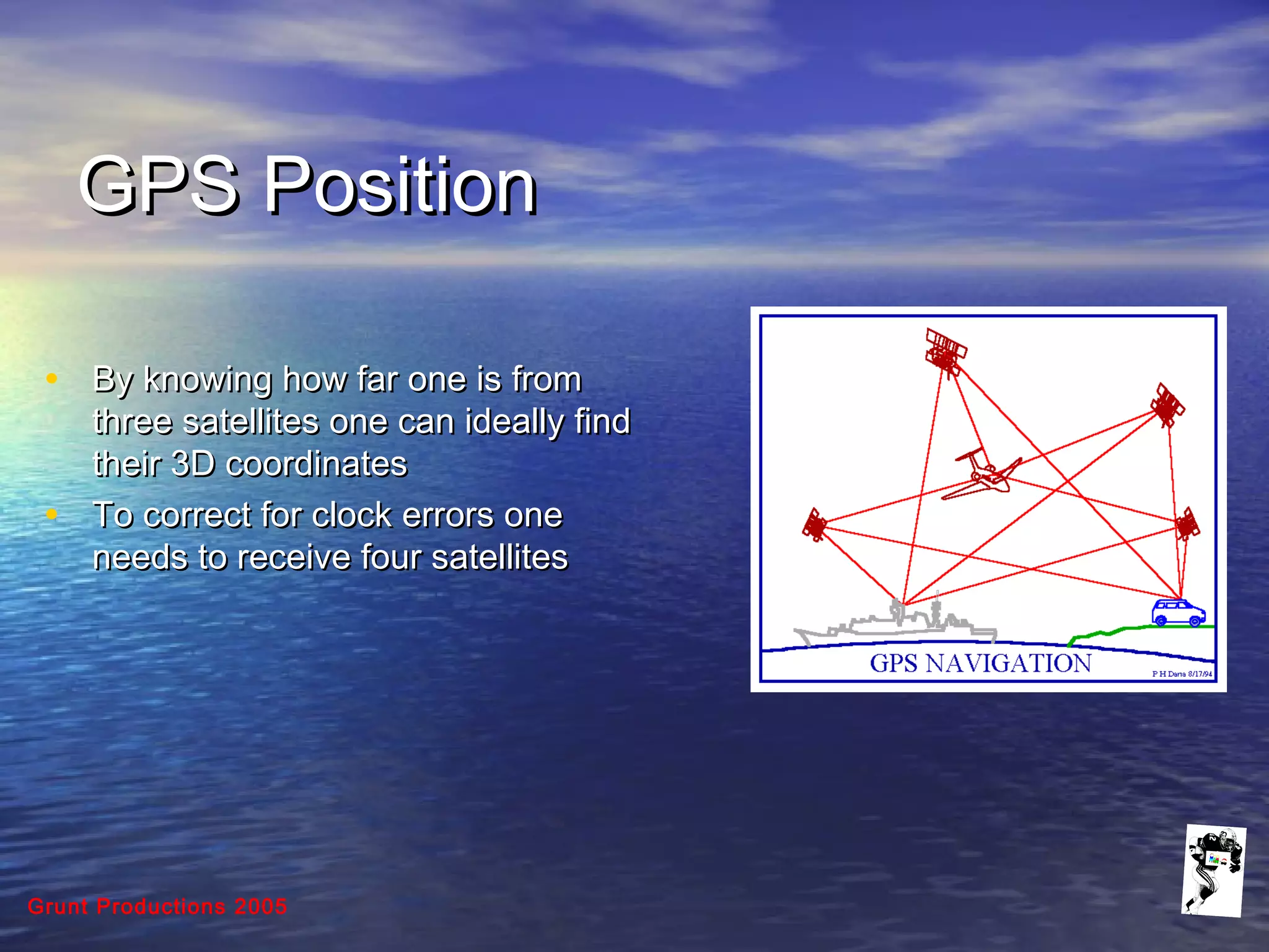 Grunt Productions 2005
GPS PositionGPS Position
• By knowing how far one is fromBy knowing how far one is from
three satellites one can ideally findthree satellites one can ideally find
their 3D coordinatestheir 3D coordinates
• To correct for clock errors oneTo correct for clock errors one
needs to receive four satellitesneeds to receive four satellites
 