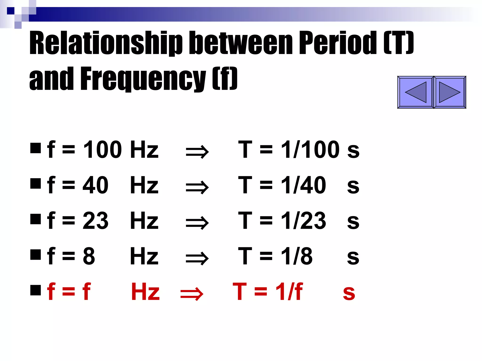 Relationship between Period (T) and Frequency (f) f = 100 Hz     T = 1/100 s f = 40  Hz     T = 1/40  s f = 23  Hz     T = 1/23  s f = 8  Hz     T = 1/8  s f = f  Hz     T = 1/f  s 