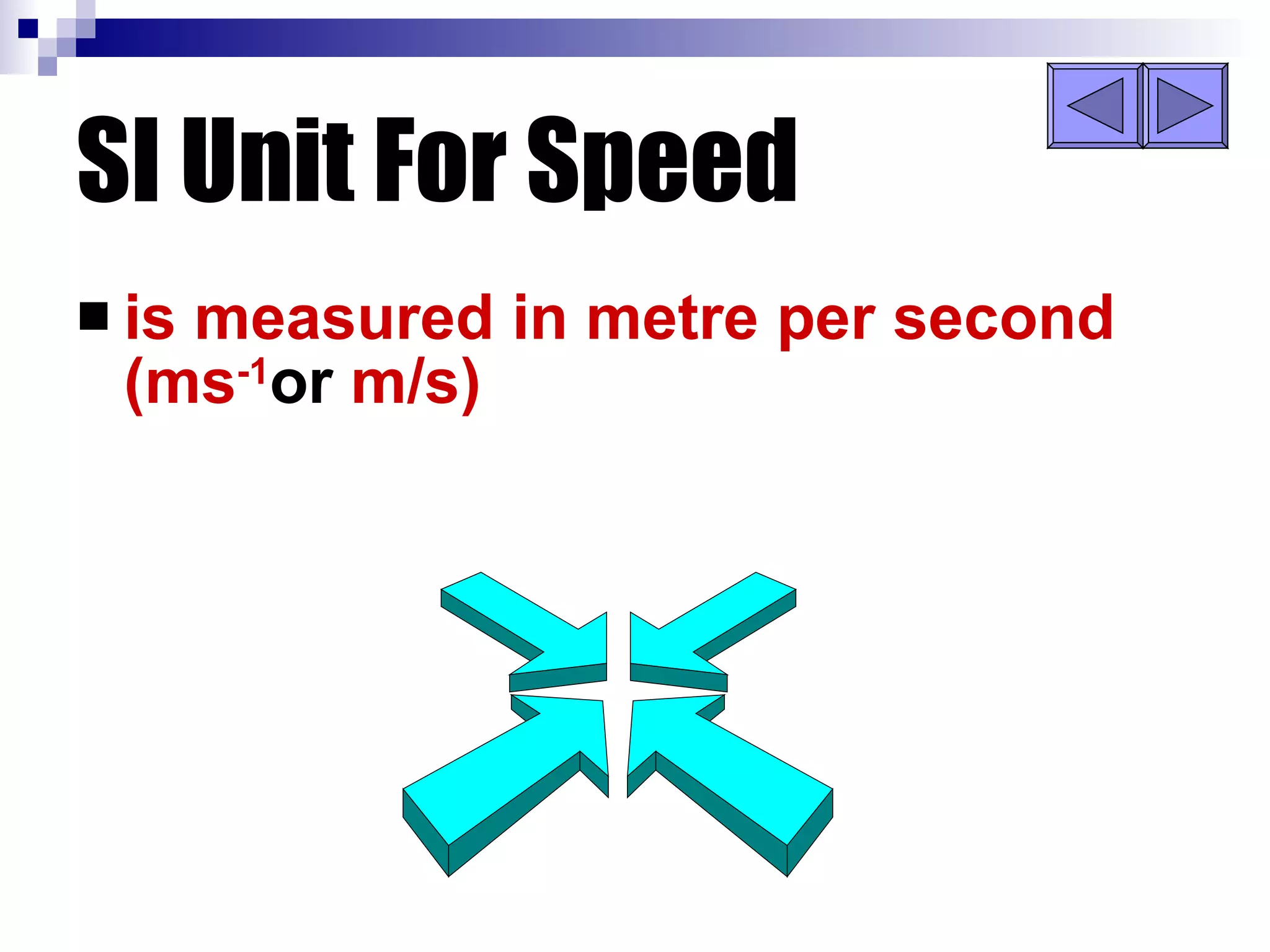 SI Unit For Speed is measured in metre per second (ms -1 or  m/s) 