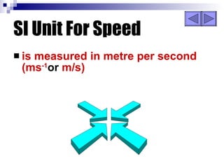 SI Unit For Speed is measured in metre per second (ms -1 or  m/s) 