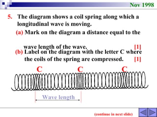 Nov 1998 5. The diagram shows a coil spring along which a  longitudinal wave is moving. (a)  Mark on the diagram a distance equal to the  wave length of the wave.  [1] (b)  Label on the diagram with the letter C where the coils of the spring are compressed.  [1] Wave length C (continue in next slide) C C 