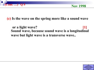 (c)  Is the wave on the spring more like a sound wave  or a light wave?  [1] Nov 1998 (Cont. …)  Q 5 Sound wave, because sound wave is a longitudinal wave but light wave is a transverse wave.. 