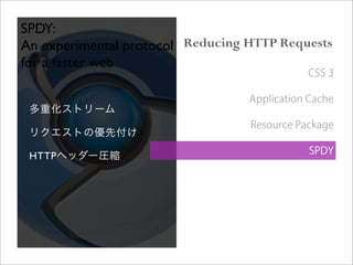 SPDY:
An experimental protocol
for a faster web
多重化ストリーム
リクエストの優先付け
HTTPヘッダー圧縮
Reducing HTTP Requests
CSS 3
Application Cache
Resource Package
SPDY
 