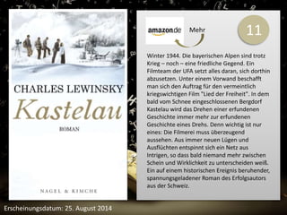 11 
Winter 1944. Die bayerischen Alpen sind trotz 
Krieg – noch – eine friedliche Gegend. Ein 
Filmteam der UFA setzt alles daran, sich dorthin 
abzusetzen. Unter einem Vorwand beschafft 
man sich den Auftrag für den vermeintlich 
kriegswichtigen Film "Lied der Freiheit". In dem 
bald vom Schnee eingeschlossenen Bergdorf 
Kastelau wird das Drehen einer erfundenen 
Geschichte immer mehr zur erfundenen 
Geschichte eines Drehs. Denn wichtig ist nur 
eines: Die Filmerei muss überzeugend 
aussehen. Aus immer neuen Lügen und 
Ausflüchten entspinnt sich ein Netz aus 
Intrigen, so dass bald niemand mehr zwischen 
Schein und Wirklichkeit zu unterscheiden weiß. 
Ein auf einem historischen Ereignis beruhender, 
spannungsgeladener Roman des Erfolgsautors 
aus der Schweiz. 
Erscheinungsdatum: 25. August 2014 
Mehr 
 