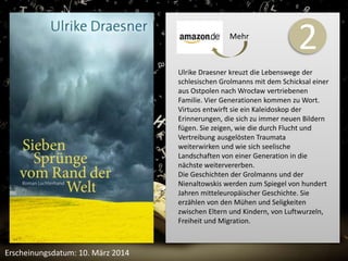 2 
Ulrike Draesner kreuzt die Lebenswege der 
schlesischen Grolmanns mit dem Schicksal einer 
aus Ostpolen nach Wrocław vertriebenen 
Familie. Vier Generationen kommen zu Wort. 
Virtuos entwirft sie ein Kaleidoskop der 
Erinnerungen, die sich zu immer neuen Bildern 
fügen. Sie zeigen, wie die durch Flucht und 
Vertreibung ausgelösten Traumata 
weiterwirken und wie sich seelische 
Landschaften von einer Generation in die 
nächste weitervererben. 
Die Geschichten der Grolmanns und der 
Nienaltowskis werden zum Spiegel von hundert 
Jahren mitteleuropäischer Geschichte. Sie 
erzählen von den Mühen und Seligkeiten 
zwischen Eltern und Kindern, von Luftwurzeln, 
Freiheit und Migration. 
Erscheinungsdatum: 10. März 2014 
Mehr 
 