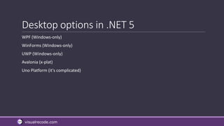 visualrecode.com
Desktop options in .NET 5
WPF (Windows-only)
WinForms (Windows-only)
UWP (Windows-only)
Avalonia (x-plat)
Uno Platform (it's complicated)
 