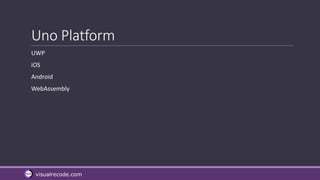 visualrecode.com
Uno Platform
UWP
iOS
Android
WebAssembly
 