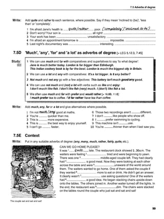 7.5 Adverbs of degree
Write: Add quite and ratherto each sentence, where possible. Say if they mean 'inclined to (be)', 'less
than' or 'completely'.
1 I'm afraid Jane's health is .......
9+&L!?V&T ...... poor. ~ ~ . ~ : ~ . . &
.......
2 Don't worry! Your son is ......................................
all right! .................................................................
3 Your work has been ......................................
unsatisfactory. .............................................................
4 I'm afraid an appointment tomorrow is ...................................... impossible. ......................................
5 Last night's documentary was ......................................
interesting. ...................................................
7.5D 'Much', 'any', 'far' and 'a lot' as adverbs of degree [> LEG 5.12.3.7.451
Study:
I**I
1 We can use much and farwith comparatives and superlatives to say 'to what degree':
Jane is much better today. London is far bigger than Edinburgh.
This Indian cookery book is by far the best. London is much the biggest city in Britain.
2 We can use a lot and any with comparatives: It's a lot bigger. Is it any better?
3 Not much and not any go with a few adjectives: This battery isn't much good/any good.
4 We can use not much and (not) a lot with verbs such as like and enjoy:
I don't much like fish. I don't like fish (very) much. I (don't) like fish a lot.
5 We often use much and far with prefer and would rather [> 16.8B, 11.a]:
Write: Add much, any, far or a lot and give alternatives where possible.
..........
1 I'm not &/.w
good at maths. 6 Those two recordings aren't different.
..........
2 You're .......... quicker than me. 7 1 don't like people who show off.
..........
3 This is ..........more expensive. 8 1 prefer swimming to cycling.
..........
4 This is ..........the best way to enjoy yourself. 9 This machine isn't use.
..........
5 1 can't go ..........faster. 10 You're thinner than when I last saw you.
7.5E Context
Write: Put in any suitable adverbs of degree (any, many, much, rather, fairly, quite, etc.).
CAN WE GO HOME PLEASE?
......
It was '.......a@ late. The restaurant clock showed 1.30a.m. The
waiters were feeling ........................
tired and were beginning to yawn.
There was one ........................ middle-aged couple left. They had clearly
had ........................
s good meal. Now they were looking at each other
........................
across the table and were unaware of the world around
them. The waiters wanted to go home. One of them asked the couple if
they wanted ........................ more to eat or drink. He didn't get an answer.
It clearly wasn't ........................
use asking questions! One of the waiters
had ........................
a good idea. He began stacking chairs upside-down
onto the tables. The others joined in. Another waiter turned off the lights. In
........................
the end, the restaurant was dim. The chairs were stacked
on the tables round the couple who just sat and sat and sat!
The couple sat and sat and sat!
 