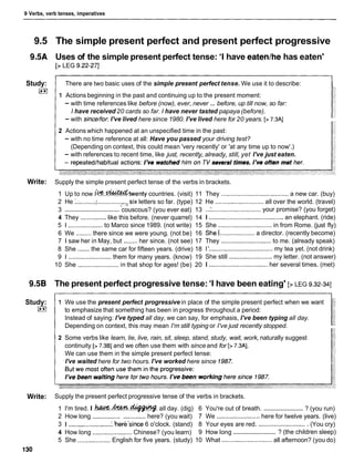 9 Verbs, verb tenses, imperatives
9.5 The simple present perfect and present perfect progressive
9.5A Uses of the simple present perfect tense: 'I have eatenlhe has eaten'
[> LEG 9.22-271
Study: 1 There are two basic uses of the simple present perfect tense. We use it to describe: I
L**l
1 Actions beginning in the past and continuing up to the present moment:
- with time references like before (now), ever, never ... before, up till now, so far:
I have received 20 cards so far. I have never tasted papaya (before).
- with since/for: I've lived here since 1980. I've lived here for 20 years. [> 7.3A]
2 Actions which happened at an unspecified time in the past:
- with no time reference at all: Have you passed your driving test?
(Depending on context, this could mean 'very recently' or 'at any time up to now'.)
- with references to recent time, like just, recently, already, still, yet I've just eaten.
Write: Supply the simple present perfect tense of the verbs in brackets.
1 Up to now i k ? . M t w e n t y countries. (visit) 11
2 He :.............
.
.
.
.
.
.
.
.
.
.
.
.
.
T
six letters so far. (type) 12
................................
3 couscous? (you ever eat) 13
4 They ...............like this before. (never quarrel) 14
5 1 .................... to Marco since 1989. (not write) 15
6 We ......... there since we were young. (not be) 16
7 1 saw her in May, but ........ her since. (not see) 17
8 She .......the same car for fifteen years. (drive) 18
9 1 .........................them for many years. (know) 19
10 She ........................in that shop for ages! (be) 20
They ....................................... a new car. (buy)
He ............................ all over the world. (travel)
.................................your promise? (you forget)
I ...........................................an elephant. (ride)
She ............................... in from Rome. (just fly)
Shel....................a director. (recently become)
They .............................to me. (already speak)
I'.....................................my tea yet. (not drink)
She still ......................... my letter. (not answer)
I ..................................her several times. (met)
9.5B The present perfect progressive tense: 'I have been eating' [> LEG 9.32-341
Study: 1 We use the present perfect progressive in place of the simple present perfect when we want
L**l to emphasize that something has been in progress throughout a period:
Instead of saying: I've typed all day, we can say, for emphasis, I've been typing all day.
Depending on context, this may mean I'm still typing or I've just recently stopped.
2 Some verbs like learn, lie, live, rain, sit, sleep, stand, study, wait, work, naturally suggest
continuity [> 7.3B] and we often use them with sinceand for [> 7.3AI.
We can use them in the simple present perfect tense:
I've waited here for two hours. I've worked here since 1987.
Write: Supply the present perfect progressive tense of the verbs in brackets.
........................
1 I'm tired. I . ~ . h W . ~ .
all day. (dig) 6 You're out of breath. ? (you run)
2 How long ................ ...........here? (you wait) 7 We .........................here for twelve years. (live)
3 1 .........................'.here'since 6 o'clock. (stand) 8 Your eyes are red. ............................(You cry)
..........................
4 How long .......................Chinese? (you learn) 9 How long ? (the children sleep)
5 She ...................English for five years. (study) 10 What .............................all afternoon? (you do)
130
 