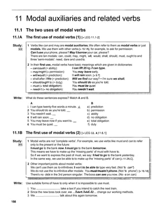 11 Modal auxiliaries and related verbs
11.I The two uses of modal verbs
11.lA The first use of modal verbs (1) [> LEG 1 1 . w ]
Study:
!a
1 Verbs like can and may are modal auxiliaries. We often refer to them as modal verbs or just
modals. We use them with other verbs [> 16.1A1, for example, to ask for permission:
Can Iuse yourphone, please? May Iborrow your car, please?
There are ten modals: can, could, may, might, will, would, shall, should, must, ought to and
three 'semi-modals': need, dare and used to.
2 In their first use, modal verbs have basic meanings which are given in dictionaries:
- can/could (= ability): I can liii' 25 kg.// can type.
- may/might (= permission): You may leave early.
- will/would (= prediction): It will rain soon. [> 9.71
- shallafter //We(= prediction): Will we find our way?-I'm sure we shall.
- should/ought to (= duty): You should do as you're told.
Write: What do these sentences express? Match A and B.
A B
1 I can type twenty-five words a minute. t a) prediction
2 You should do as you're told. - b) permission
3 You needn't wait. - c) ability
4 It will rain soon. - d) no obligation
5 You may leave now if you want to. - e) total obligation
6 You must be quiet. - f) duty
11.1B The first use of modal verbs (2) [> LEG 11.4,
11.6.11
Study:
m
1 Modal verbs are not 'complete verbs'. For example, we use verbs like must and can to refer
only to the present or the future:
Imust go to the bank now.Imust go to the bank tomorrow.
This means we have to make up the 'missing parts' of must with have to.
So if we want to express the past of must, we say: Ihad to go to the bank yesterday.
In the same way, we use be able to to make up the 'missing parts' of can [> 11.2A,C].
2 Other important points about modal verbs:
We can't use them as to-infinitives:Iwant to be able to type very fast. (Not 'to can')
We do not use the to-infinitive after modals: You must/mustn't phone. (Not 'to phone') [> 16.1A
There's no -(e)s in the 3rd person singular: The boss can see you now. (No -s on can)
Write: Use suitable forms of have to only when it is impossible to use must.
1 You ............................... take a taxi if you intend to catch the next train.
2 Since the new boss took over, we ...hUU&.hLZd.a....
change our working methods.
3 We ............................... talk about this again tomorrow.
 