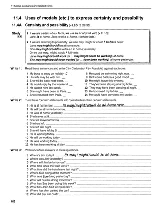 11 Modal auxiliaries and related verbs
11.4 Uses of modals (etc.) to express certainty and possibility
11.4A Certainty and possibility [> LEG I I .27-30]
Study:
I**I Jane isat home. Jane works at home. (certain facts)
2 If we are referring to possibility, we use may, might or could+ be/have been:
Jane may/might/could be at home now.
She may/mightlcouldhave been at home yesterday.
Or we use may, might, could+ full verb:
Write 1: Read these sentences and write C (= Certain) or P (= Possible) against each one.
1 My boss is away on holiday.
2 His wife may be with him. -
3 She will be back next week. -
4 He could reply by the weekend. -
5 He wasn't here last week. -
6 She might have been to Paris. -
7 She's returned from Paris. -
8 He could be swimming right now. -
9 He'll come back in a good mood. -
10 He might leave this evening. -
1 1 They've been staying at a big hotel. -
12 They may have been dancing all night. -
13 He borrowed my ladder. -
14 He could have borrowed my ladder. -
Write 2: Turn these 'certain' statements into 'possiblelless than certain' statements.
1 He is at home now. ...........& ~ . ~ ~ ~ ~ ~ .
...................................
2 He will be at home tomorrow. .............................................................................................................
3 He was at home yesterday. ................................................................................................................
4 She leaves at 9. ..................................................................................................................................
.....................................................................................................................
5 She will leave tomorrow.
6 She has left. ........................................................................................................................................
7 She left last night. ...............................................................................................................................
8 She will have left by 9. ........................................................................................................................
9 He is working today. ...........................................................................................................................
....................................................................................................................
10 He will be working today.
1 1 He was working today. ........................................................................................................................
12 He has been working all day. ..............................................................................................................
Write 3: Write uncertain answers to these questions.
1 Where's Jim today? ............/fi'~..y./.~/W.&..&&.&
.........................................
2 Where was Jim yesterday? .................................................................................................................
3 Where will Jim be tomorrow? ..............................................................................................................
4 What time does the train leave? .........................................................................................................
5 What time did the train leave last night? .............................................................................................
6 What's Sue doing at the moment? ......................................................................................................
7 What was Sue doing yesterday? ........................................................................................................
8 What will Sue be doing tomorrow? .....................................................................................................
9 What has Sue been doing this week? ................................................................................................
10 What has John had for breakfast? ......................................................................................................
1 1 Where has Ann parked the car? .........................................................................................................
12 What did that car cost? .......................................................................................................................
 