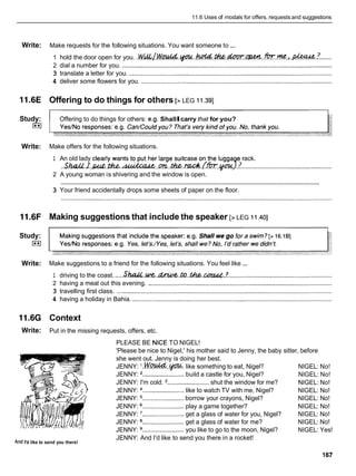 11.6 Uses of rnodals for offers, requests and suggestions
...
Write: Make requests for the following situations. You want someone to
1 hold the door open for you. .W&/.M!acCd.~.&.h.~.~..*.~ne.~..~.
.......
2 dial a number for you. .........................................................................................................................
3 translate a letter for you. .....................................................................................................................
4 deliver some flowers for you. ..............................................................................................................
11.6E Offering to do things for others [> LEG 11.391
Study: Offering to do things for others: e.g. ShallIcarry that for you?
I**I
Write: Make offers for the following situations.
1 An old lady clearly wants to put her large suitcase on the lugga e rack.
..sho~.r
. p u t . . ~ . - . . ~ . . ~ . . ~ . ~ ~ . ~ j . ~ . .
..................................................
2 A young woman is shivering and the window is open.
............................................................................................................................................................
3 Your friend accidentally drops some sheets of paper on the floor.
11.6F Making suggestions that include the speaker [> LEG 11.401
Study:
I**I
...
Write: Make suggestions to a friend for the following situations. You feel like
1 driving to the coast. ..... ~ ~ . ~ . . ~ . ~ . . ~ . ~ . . ? .
...........................................................
2 having a meal out this evening. ..........................................................................................................
3 travelling first class. ............................................................................................................................
4 having a holiday in Bahia. ...................................................................................................................
11.6G Context
Write: Put in the missing requests, offers, etc.
PLEASE BE NICE TO NIGEL!
'Please be nice to Nigel,' his mother said to Jenny, the baby sitter, before
she went out. Jenny is doing her best.
JENNY: '.w-..@W. like something to eat, Nigel? NIGEL: No!
JENNY: ........................
build a castle for you, Nigel? NIGEL: No!
JENNY: I'm cold. ........................shut the window for me? NIGEL: No!
JENNY: ........................
like to watch TV with me, Nigel? NIGEL: No!
JENNY: ........................borrow your crayons, Nigel? NIGEL: No!
JENNY: ........................ play a game together? NIGEL: No!
JENNY: '........................get a glass of water for you, Nigel? NIGEL: No!
JENNY: ........................ get a glass of water for me? NIGEL: No!
JENNY: ........................you like to go to the moon, Nigel? NIGEL: Yes!
And I'd like to send you there!
JENNY: And I'd like to send you there in a rocket!
 