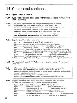 14
14.1
14.1A
Study:
E
l
Write:
14.1B
Study:
I**I
Write:
Conditional sentences
Type 1 conditionals
Type 1 conditionals,basic uses: 'If the weather clears, we'll go for a
walk' [> LEG 14.4-61
1 We can use all present tenses after if, not just the simple present, for example:
If she finishes work early, she will go home. (if + simple present + will)
If she has finished work by 4 o'clock, she will go home. (if + present perfect + will)
2 We can use all future tenses in the main clauses, not just the will-future:
If he doesn't hurry, the plane will have leff by the time he gets to the airport.
Supply the correct forms of the missing verbs.
1 If it .......
&
!.......(be) fine tomorrow, we .&..fl. (go) for a picnic.
2 If I ................. (have) time tonight, I ................. (finish) the novel I'm reading.
3 If it ................. (rain) next weekend, we ................. (not able to) plant the vegetables.
4 If he ................. (be leaving) at 6 o'clock, I ................. (ask) him to give me a lift.
5 If she ................. (have drive) all that way since this morning, ................. (be) tired and hungry.
6 If they .................(havelbe working) all afternoon, they ................. (probably need) a cup of tea.
7 If I ................. (canlt/finish) the job this weekend, I ................. (try) to get it done during the week.
8 If John .................(be picked) for the team, he ................. (be boasting) about it for weeks!
9 If you ................. (havelforget) to phone, they .................(will havelgo) without you.
10 If we .................(stay) in this flat till May, we ................. (will havelbe living) here for twenty years.
'If' + present + modal: 'If it's fine tomorrow, we may go for a swim'
[> LEG 14.71
When we use will in the main clause, we are expressing certainty or near-certainty:
If the weather clears, we'll go for a walk. (certain, or nearly certain) [> 11.4AI
If we do not feel 'certain' enough to use will, we can use another modal to say what is possible,
necessary or desirable, for example:
If it's fine tomorrow, we may go for a swim. (it's possible)
If it's fine tomorrow, we must go for a swim. (it's necessary or desirable to do this)
Supply the correct forms of the missing verbs, but use these modals in the main clause:
can, could, may, might, should, ought to, or must. Alternatives are possible.
1 If you .......W
t
?
....... (be) still ill tomorrow, you .*.&.. stay at home.
2 If you ..................... (finish) work early, you .....................come for a drink with us.
3 If she .....................
(have) too much to do, she ..................... ask someone to help her.
4 If he ..................... (not be coming) tonight, he ..................... come next week.
5 If he ..................... (have only just arrive), he ..................... not have heard the news.
6 If they ..................... (have belwaiting) longer than an hour, they ..................... be getting impatient.
7 If we ..................... (can't/go) next week, we .....................manage to go the week after.
 