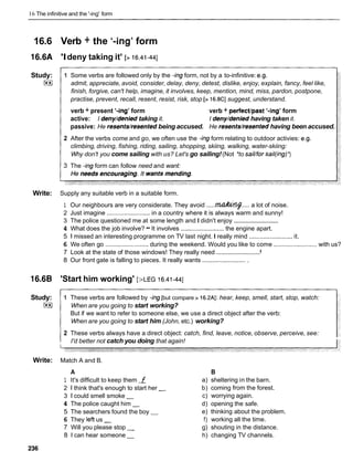 16 The infinitive and the '-ing' form
16.6
16.6A
Study:
I**1
Write:
16.6B
Study:
i
3
Write:
Verb + the '-ing' form
'Ideny taking it' [> 16.41-441
1 Some verbs are followed only by the -ing form, not by a to-infinitive: e.g.
admit, appreciate, avoid, consider, delay, deny, detest, dislike, enjoy, explain, fancy, feel like,
finish, forgive, can't help, imagine, it involves, keep, mention, mind, miss, pardon, postpone,
practise, prevent, recall, resent, resist, risk, stop [> l6.8CJsuggest, understand.
verb + present '-ing' form verb + perfectlpast '-ing' form
active: I deny/deniedtaking it. I deny/deniedhaving taken it.
passive: He resents/resentedbeing accused. He resents/resentedhaving been accused.
2 After the verbs come and go, we often use the -ing form relating to outdoor activies: e.g.
climbing, driving, fishing, riding, sailing, shopping, skiing, walking, water-skiing:
Why don't you come sailing with us? Let's go sailing!(Not *to sail/for sail(ing)*)
3 The -ing form can follow need and want:
Supply any suitable verb in a suitable form.
1 Our neighbours are very considerate. They avoid .....-..... a lot of noise.
2 Just imagine ......................... in a country where it is always warm and sunny!
...........................
3 The police questioned me at some length and I didn't enjoy
4 What does the job involve? -It involves ......................... the engine apart.
5 1 missed an interesting programme on TV last night. I really mind ......................... it.
6 We often go ......................... during the weekend. Would you like to come ......................... with us?
I
..........................
7 Look at the state of those windows! They really need
8 Our front gate is falling to pieces. It really wants ..........................
'Start him working' [>LEG 16.41-441
1 These verbs are followed by -ing[but compare > i6.2AI: hear, keep, smell, start, stop, watch:
When are you going to start working?
But if we want to refer to someone else, we use a direct object after the verb:
When are you going to start him (John, etc.) working?
2 These verbs always have a direct object: catch, find, leave, notice, observe, perceive, see:
I'd better not catch you doing that again!
Match A and B.
A
1 It's difficult to keep them f
2 1 think that's enough to start her -
3 1 could smell smoke -
4 The police caught him -
5 The searchers found the boy -
6 They left us -
7 Will you please stop -
8 1 can hear someone -
B
a) sheltering in the barn.
b) coming from the forest.
c) worrying again.
d) opening the safe.
e) thinking about the problem.
f) working all the time.
g) shouting in the distance.
h) changing TV channels.
 