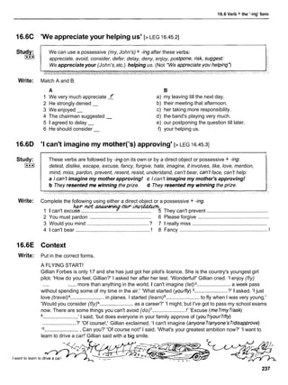 16.6 Verb + the '-ing' form
16.6C 'We appreciate your helping us' [> LEG i6.45.21
We can use a possessive (my,John's) + -ing after these verbs:
appreciate, avoid, consider, defer, delay, deny, enjoy, po
We appreciate your (John's,etc.) helping us. (Not "We
Write: Match A and B.
A B
1 We very much appreciate f a) my leaving till the next day.
2 He strongly denied - b) their meeting that afternoon.
3 We enjoyed - c) her taking more responsibility.
4 The chairman suggested - d) the band's playing very much.
5 1 agreed to delay - e) our postponing the question till later.
6 He should consider - f) your helping us.
16.6D 'I can't imagine my mother('s)approving' [> LEG 16.45.31
Study:
I***I
These verbs are followed by -ingon its own or by a direct object or possessive + -ing:
detest, dislike, escape, excuse, fancy, forgive, hate, imagine, it involves, like, love, mention,
mind, miss, pardon, prevent, resent, resist, understand, can't bear, can't face, can't help:
a I can't imagine my mother approving! c I can't imagine my mother's approving!
Write: Complete the following using either a direct object or a possessive + -ing.
hwnwt-w-.
.............................................
1 I can't excuse .................................................. 5 They can't prevent
2 You must pardon ............................................ 6 Please forgive ...................................................
.......................................................
3 Would you mind ........................................... ? 7 1 really miss
I
4 1 can't bear ..................................................... ! 8 Fancy ................................................................
16.6E Context
Write: Put in the correct forms.
A FLYING START!
Gillian Forbes is only 17 and she has just got her pilot's licence. She is the country's youngest girl
pilot. 'How do you feel, Gillian?' I asked her after her test. 'Wonderful!' Gillian cried. 'I enjoy (fly)
..... ......more than anything in the world. I can't imagine (let) ........................ a week pass
without spending some of my time in the air.' 'What started (you/fly) ........................ ?' 1 asked. 'I just
love (travel) ........................ in planes. I started (learn) ........................ to fly when I was very young.'
'Would you consider (fly) ........................ as a career?' 'I might, but I've got to pass my school exams
now. There are some things you can't avoid (do) ........................ !' 'Excuse (me?/my?/ask)
.........................' 1 said, 'but does everyone in your family approve of (you?/your?/fly)
........................?' 'Of course!,' Gillian exclaimed. 'I can't imagine (anyone?/anyone's?/disapprove)
lo .........................Can you?' 'Of course not!' I said. 'What's your greatest ambition now?' 'I want to
learn to drive a car!' Gillian said with a bia smile.
-
I want to learn to d
 