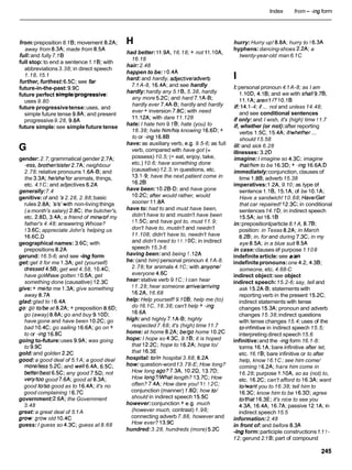 Index from - -ingform
from:preposition 8.1 8 ;movement 8.2A;
away from 8.3A; made from 8.5A
full:and fully 7.1 8
full stop: to end a sentence1.1 8 ;with
abbreviations3.38; in direct speech
1.18, 15.1
further, furthest:6.5C;see far
future-in-the-past:9.9C
future perfect sirnple/progressive:
uses 9.80
future progressivetense:uses, and
simple future tense 9.8A;and present
progressive9.28, 9.8A
future simple: see simple future tense
gender:2.7;grammatical gender 2.7A;
-ess, brotherlsister 2.7A; neighbour
2.78; relative pronouns 1.6A-8;and
the 3.3A; helshe'for animals, things,
etc. 4.1C; and adjectives 6.2A
generally:7.4
genitive:of and 's2.28, 2.88;basic
rules 2.8A; Ws'with non-living things
(a month's salary) 2.8C; the butcher's,
etc. 2.8D, 3.4A;a friend of mine/of my
father's 4.48; answering Whose?
1 3.6C; appreciate John's helping us
16.6C,D
geographical names: 3.6C;with
prepositions 8.2A
gerund:16.5-6; and see -ing form
get:get it for me 1.3A;get (yourself)
dressed4.58; get wet 4.58, 10.4C;
have goWhave gotten 1 0.5A;get
something done (causative) 12.3C
give:+ me/to me 1.3A;give something
away 8.7A
glad:glad to 1 6.4A
go:go to/be at 8.2A;+ preposition 8.6D;
go (away) 8.8A;go and buy 9.lOD;
have gone and have been 10.2C;go
bad 10.4C;go sailing 16.6A;go on +
to or -ing 16.8C
going to-future:uses 9.9A; was going
to 9.9C
gold:and golden 2.2C
good:a good deal of 5.1A; a good deal
more/less 5.2C;and well6.4A, 6.5C;
better/best 6.5C;any good 7.5D; not
very/toogood 7.6A;good at 8.3A;
good to/so good as to 16.4A;it's no
good complaining 1 6.7C
government:2.6A; the Government
3.48
great: a great deal of 5.1 A
grow:grow old 10.4C
guess: I guess so 4.3C; guess at 8.68
had better: 11.9A,16.18; + not 11.10A,
16.18
hair:2.48
happen to be: 1 0.4A
hard:and hardly, adjectiveladverb
7.1 A-8, 16.4A;and see hardly
hardly:hardly any 5.1 8 ,5.38, hardly
any more 5.2C; and hard 7.1A-8;
hardly ever 7.4A-8;hardly and hardly
ever + inversion 7.8C;with need
11.12A;with dare 11.128
hate: I hate him 9.1 8 ; hate (you) to
16.38; hate him/his knowing 16.6D;+
to or -ing 16.88
have: as auxiliary verb, e.g. 9.5-6; as full
verb, compared with have got (=
possess) 10.5; (= eat, enjoy, take,
etc.)10.6; have something done
(causative) 12.3; in questions, etc.
13.1-9;have the next patient come in
16.28
have been: 10.2843;and have gone
10.2C;after would rather, would
sooner 1 l.8A
have to: had to and must have been,
didn't have to and mustn't have been
1 1.5C;and have got to, must 11.9;
don't have to, mustn't and needn't
11.108; didn't have to, needn't have
and didn't need to 1 1.1 0C;in indirect
speech 15.3-6
having been: and being 1 .12A
he: (and him) personal pronoun 4.1A-8.
2.78; for animals 4.1C; with anyone/
everyone 4.6C
hear: stative verb 9.1C ; I can hear
11.28; hear someone arrive/arriving
16.2A,16.68
help: Help yourself! 9.108; help me (to)
do 16.1C, 16.38;can't help + -ing
16.6A
high:and highly 7.1A-8;highly
respected 7.68; it's (high) time 11.7
home: at home 8.2A; be/go home 10.2C
hope: I hope so 4.3C,9.1 8 ;it is hoped
that 12.2C;hope to 16.2A;hope to/
that l6.3E
hospital: to/in hospital 3.68, 8.2A
how:question-word13.78-E; How long?
How long ago?7.3A, 10.2D, 13.7D;
How long?AVhat length? l3.7C; How
often? 7.4A;How dare you! 11.1 2C;
conjunction (manner) 1.ED; how to/
should in indirect speech 15.5C
however:conjunction + e.g. much
(however much, contrast) 1.98;
connecting adverb7.88, however and
How ever? l3.9C
hundred:3.28, hundreds (more) 5.2C
hurry: Hurry up! 8.8A;hurry to 1 6.3A
hyphens:dancing-shoes 2.2A;a
twenty-year-old man 6.1C
I:personal pronoun 4.1A-8; as I am
1.10D,4.18 ;and we with shall9.78,
11.1A;aren't1?10.18
if: 14.1-4; if ... not and unless 14.48;
and see conditional sentences
if only: and I wish, it's (high) time 11.7
if, whether (or not):after reporting
verbs 1.5C, 15.4A; if/whether...
should 15.58
ill: and sick 6.28
illnesses: 3.2D
imagine:I imagine so 4.3C;imagine
thawhim to be 16.3D;+ -ing 16.6A,D
immediately:conjunction, clauses of
time 1.88;adverb 15.38
imperatives:1.2A,9.10; as type ot
sentence 1.18, 15.1A;of be 10.1A;
Have a sandwich! 10.68; Have/Get
that car repaired! 12.3C;in conditional
sentences14.1 D;in indirect speech
15.5A;let 16.18
in:prepositionlparticle 8.1 A, 8.78;
position: in Texas 8.2A;in March
8.28; in, for and during 7.3C;in my
eye 8.5A; in a blue suit 8.5A
in case:clauses ot purpose 1.108
indefinitearticle:see &an
indefinitepronouns:one 4.2,4.38;
someone, etc. 4.68-C
indirect object:see object
indirect speech:15.2-6; say, tell and
ask 15.2A-8;statements with
reporting verb in the present 15.2C;
indirect statements with tense
changes 15.3A;pronoun and adverb
changes 15.38;indirect questions
with tense changes 15.4; uses of the
teinfinitive in indirect speech 15.5;
interpreting direct speech15.6
infinitive:and the -ing form 16.1-8:
torms 16.1A;bare infinitive after let,
etc. 16.18 ;bare infinitive or to after
help, know 16.1C ; see him come/
coming 1 6.2A;hare him come in
16.28; purpose 1.lOA, so as (not) to,
etc. l6.2C; can't afford to 16.3A;want
to/want you to 16.38; tell him to
16.3C;know him to be 16.3D;agree
to/that 16.3E;it's nice to see you
4.3A, 16.4A,16.7A;passive 12.1A;in
indirect speech15.5
information:2.48
in front of:and before 8.3A
-ing form:participle constructions1.11 -
12; gerund 2.1 8;part of compound
 