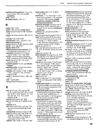 Index question-word questions-statements
question-wordquestions:13.5-9; and
noun clauses 1.5C; and see wh-
questions
quite: 7.5A-C
quotation marks: 1.18, 15.1
rarely: 7.8C, l3.2A
rather: 7.5C; and see would rather
really:viewpoint adverb 7.8A; intensifer
7.68
reason:adverbial clauses 1.9A; with for
1.4
recently:7.2C, 9.3C, 9.5A
recommend:+ that ... should 11.138
reflexivepronouns:4.5
refuse: refuse to 16.3A; refusal to 16.4C
regret:+ to or -ing16.8C
regular verbs: 9.3A
relativepronounsand clauses:1.6-7;
and participle constructions 1.11C
remember:remember to in indirect
speech 15.5A; + to or -ing 16.8C
remind: someone about something
8.6C; someone (not) to 15.5A, l6.3C
report: report it to me 1.38; it was
reported12.2C
reported speech: 15.2-6; see indirect
speech
reporting verbs:in direct and indirect
speech 1.58-C, 15.1-6
requests: with modals: 11.3A, 11.68,D;
+ that ... should 11.138; in indirect
speech l5.5C
result:in adverbial clauses 1.10C; with
so 1.4
risk:+ -ing l6.6A,C
round:prepositionlparticle 8.1A
say: say it to me 1.38; say so 4.3C,
15.28; it says here that 9.18; it is said
that 12.2C; in direct speech 15.1 ;and
tell, ask 1.58, 15.2, 15.3; say if/
whether 15.4A
school: to/atschool 3.68, 8.2A
sea: the sea 3.4A; go to seahe at sea
3.68
seasons:8.28
see:stative verb 9.1C; I can see 11.28;
see someone arrive/arriving 16.2A.
16.68
seeing (that):clauses of reason 1.9A
seem:as linking verb 1.2C, 6.4A, 9.1C.
10.4A-8;+ as if 1.8D; it seems so
4.3C; there seems to be 10.3C; it
would seem to be 11.13A
seldom:7.4A, 13.2A; + inversion 7.8C
sense verbs: 6.4A, 9.1C, 10.4A-8,
11.28, l6.2A
sentences: 1.1-12; word order 1.1A-8;
forms of the sentence 1.IB; complete
sentences 1.2A; see also simple
sentences, complex sentences,
compound sentences
sequence of tenses:reporting verb in
the present 15.2C; reporting verb in
the past 15.3-6; and see conditional
sentences
several:5.1A; several more 5.2C; +
times 9.5A
sex: and grammatical gender 2.7A, 4.1
shall:modal auxiliary 9.7A; and will to
form the future tense 9.78; two uses
of modals 11.1;Shall I? (offers)
11.6E; Shall we? (suggestions) 1l.6F;
in indirect speech 15.3-6, 15.5B-C
shan't: and won't9.78
she: (and her)personal pronoun 4.1A-
8, 2.78; for animals, things, countries
4.1C
short:and shortly 7.18
short answers: the large one, etc. 4.2C;
with yes/no13.1C; after tag questions
13.3; yes/noshort answers with
modals 11.48
should:two basic uses of modal verbs
11.l
; 'it's advisable' 11.9A; should
have (done)1 1.9C; shouldn't(have
done) 11.1OA,D; that ... should
11.138-C; if you should see him
14.1C; after in case 1.108; in indirect
speech 15.3-6; 15.58-C
show:+ me/to me 1.3A
sick: and ill 6.28
silly: in a silly way 7.1C; don't be silly
10.1A; he's being silly 10.2A; silly to
16.4A
simple future tense: 9.7; and future
progressive 9.8A; and simple present
9.1B; and present progressive 9.28;
and going to 9.9A
simple past perfect tense:uses 9.6A;
and past perfect progressive 9.6C; of
be 10.28; after I wishlifonly 11.7;
after would rather 11.88; the passive
12.1A; and the causative 12.3A
simplepast tense:form and
pronunciation of regular verbs 9.3A;
with irregular verbs 9.38; uses 9.3C;
and simple present 9.4A; and past
progressive 9.4C; and present perfect
9.5D; of be 10.1C; after I wish/ifonly
11.7; after would rather 11.88-C; and
used to 11.118-C; replaced by would
11.11D; passive 12.1A
simplepresentperfect tense:uses
9.5A; and progressive 9.5C; and
simple past 9.5D; have been 10.28-D,
have gone 10.2C; passive 12.1A
simplepresenttense:pronunciationand
spelling (3rd person) 9.1A; uses 9.18:
and present progressive 9.1C, 9.2C;
and simple past tense 9.4A; of be
10.1C; and used to 11.1 1A; replaced
by will 11.11D; replaced by would
11.13A; after suggest, etc. 11.138-C;
passive 12.1A; after time conjunctions
1.88; after in case 1.10 8
simple sentences:1.1-3
simply:viewpoint adverb 7.7A
since:preposition 8.18; conjunction
8.1C: clauses of time 1.5A, 1.8A,
9.5A-8, 10.2D; of reason 1.9A; since
arriving 1.ll
8, 16.5A3; since, for and
ago 7.3A
singular and plural (nouns):2.5-6; see
number
smell:stativeldynamic verb 9.1C; smell
nice 6.4A, 10.4A-B; smell something
burning 11.28, 16.2A, 16.6B
so:adverb: not so ... as 1.1OD; I believe
so 4.3C; so far 9.5A; So do I 13.4A-8;
So have you and So you have! 13.4C;
conjunction, in compound sentences
1.4
so as to: 16.2C; so (kind) as to 16.4A
so long as: 14.4C
some: with countable and uncountable
nouns 2.3C, 2.48, 5.1-3; as the plural
of dan 3.18, 5.3A; I'd like some 4.38;
some ... others 5.7A; some of 5.2A,
5.7C-D; do some reading 16.5A2
somebody/someone/something:
4.68-C; with imperatives 9.108; and
passive 12.2A
somecompounds: 4.68-C; with
imperatives 9.10 8
sometimes:7.4
soon: 7.2C
sooner:see would rather, had better
sorry:sorry to 16.4A; sorry for 16.7D2
so that:clauses of purpose 1.5A, 1.10A
so ...(that): clauses of result 1. lOC; so
difficultwas it 7.8C
sound:sound nice 1.2C, 6.4A, 10.4A-8
spelling:nouns and verbs with the
same spelling 2.1C; of nouns (plurals)
2.5-6; -er/-estto adjectives
(comparison) 6.5; of adverbs of
manner 7.1A; verbs (3rd person
singular, simple present) 9.1A; how to
add -ingto a verb 9.?A; regular past
of verbs 9.3A
stand:can't stand him/his+ -ing16.6D;
won't stand for, stand over 8.6D;
Stand up! 8.8A
start: start him working 16.68; + to or
-ing16.8A
statements:as type of sentence 1.l
8;
and questionslnegatives 13.1A-8; and
 