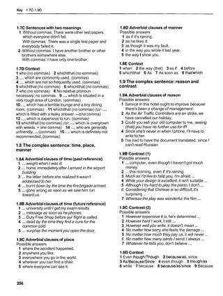 Key 1.7C-1.9D
1.7CSentences with two meanings
1 Without commas: There were other test papers,
which everyone didn't fail.
With commas: There was a single test paper and
everybody failed it.
2 Without commas: I have another brother or other
brothers somewhere else.
With commas: I have only one brother.
1 . 7 ~
Context
1 who (no commas) 2 whichtthat (no commas)
3 ...,which are commonly used, (commas)
4 ..., which are not so frequently used, (commas)
5 whichtthat (no commas) 6 whichtthat (no commas)
7 who (no commas) 8 No relative pronoun
necessary; no commas 9 ...,which is situated in a
very rough area of London, (commas)
10 ...,which has a terrible lounge and a tiny dining
room, (commas) 11 whichtthat (no commas) (or: ...,
which is fitted with a leaky shower. -one comma)
12 ...,which is expensive to run, (commas)
13 whichtthat (no commas) (or: ...,which is overgrown
with weeds. - one comma) 14 ...,who are generally
unfriendly, ...(commas) 15 ...,which is definitely not
recommended, (commas)
1.8 The complex sentence: time, place,
manner
1 . 8 ~
Adverbial clauses of time (past reference)
1 ... weight when I was ill.
2 ... home immediatelyafter I arrived in the airport
building.
3 ... the letter before she realized it wasn't
addressed to her.
4 ...burnt down by the time the fire brigade arrived.
5 ...gone wrong as soon as we saw him run
toward us.
1.8B Adverbial clauses of time (future reference)
1 ... university until I get my exam results.
2 ... message as soon as he phones.
3 ... Duty Free Shop before our flight is called.
4 ...dead by the time they find a cure for the
common cold.
5 ... surprise the moment you open the door.
1.8C Adverbial clauses of place
Possible answers
1 where the accident happened.
2 anywhere you like.
3 everywhere you go in the world.
4 wherever you can find a chair.
5 where everyone can see it.
1.8D Adverbial clauses of manner
Possible answers
1 as if it's raining.
2 as he likes it.
3 as though it was my fault.
4 in the way you wrote it last year.
5 the way I show you.
1.8EContext
1 when 2 the way (that) 3 as if 4 before
5 whichtthat 6 As 7 As soon as 8 thatlwhich
1.9 The complex sentence: reason and
contrast
1.9A Adverbial clauses of reason
Possible answers
1 Service in this hotel ought to improve because
there's been a change of management.
2 As the Air Traffic Controllers are on strike,we
have cancelled our holiday.
3 Could you sell your old computer to me, seeing
(that) you have no further use for iY!
4 Since she's never in when I phone, I'll have to
write to her.
5 I've had to have the document translated, since I
can't read Russian.
1.9B Contrast (1)
Possible answers
1 ...computer, even though I haven't got much
money.
2 ... this morning, even if it's raining.
3 Much as I'd like to help you, I'm afraid ...
4 While your design is excellent, it isn't suitable ...
5 Although I try hard to play the piano, I don't ...
6 Considering that Chinese is so difficult,it's
surprising ...
7 Whereas the play was wonderful,the film ...
1.9C Contrast (2)
Possible answers
1 However expensive it is, he's determined ...
2 However hard I work,I still ...
3 However well you write, it doesn't mean ...
4 No matter how sorry she feels,the damage ...
5 No matter how much they pay us, it will never ...
6 No matter how many cards I send, I always ...
7 Whatever he tells you, don't believe ...
1.9D Context
1 Even thoughfrhough 2 becausetas, since
3 AstBecausetSince 4 even though 5 thoughtas
6 while 7 because 8 because/as/since 9 Because
 