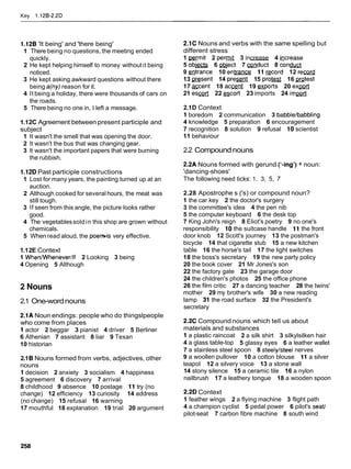 Key 1.128-2.2D
1.12B 'It being' and 'there being'
1 There being no questions, the meeting ended
quickly.
2 He kept helping himself to money withoutit being
noticed.
3 He kept asking awkward questions without there
being a(ny) reason for it.
4 It being a holiday, there were thousands of cars on
the roads.
5 There being no one in, I left a message.
1.12C Agreement between present participle and
subject
1 It wasn't the smell that was opening the door.
2 It wasn't the bus that was changing gear.
3 It wasn't the important papers that were burning
the rubbish.
1.12DPast participle constructions
1 Lost for many years, the painting turned up at an
auction.
2 Although cooked for several hours, the meat was
still tough.
3 If seen from this angle, the picture looks rather
good.
4 The vegetablessold in this shop are grown without
chemicals.
5 When read aloud, the poemis very effective.
1.12E Context
1 WhenMlheneverllf 2 Looking 3 being
4 Opening 5 Although
2 Nouns
2.1 One-wordnouns
2.1A Noun endings: people who do thingslpeople
who come from places
1 actor 2 beggar 3 pianist 4 driver 5 Berliner
6 Athenian 7 assistant 8 liar 9 Texan
10 historian
2.18 Nouns formed from verbs, adjectives, other
nouns
1 decision 2 anxiety 3 socialism 4 happiness
5 agreement 6 discovery 7 arrival
8 childhood 9 absence 10 postage 11 try (no
change) 12 efficiency 13 curiosity 14 address
(no change) 15 refusal 16 warning
17 mouthful 18 explanation 19 trial 20 argument
2.1C Nouns and verbs with the same spelling but
different stress
1 ~ m i t
2 p e r m 3 increase 4 acrease
5 ob- 6 Qect 7 m d u c t 8 c o n u
9 entrance 10 enlrance 11 =cord 12 r e w
13 -sent 14 p r e m 15 p r o m 16 Wtest
17 =cent 18 a c a 19 exports 20 e x m
21 e s m 22 scort 23 imports 24 i m m
2.1D Context
1 boredom 2 communication 3 babblelbabbling
4 knowledge 5 preparation 6 encouragement
7 recognition 8 solution 9 refusal 10 scientist
11 behaviour
2.2 Compoundnouns
2.2A Nouns formed with gerund ('-ing') + noun:
'dancing-shoes'
The following need ticks: 1, 3, 5, 7
2.28 Apostrophe s ('s) or compound noun?
1 the car key 2 the doctor's surgery
3 the committee's idea 4 the pen nib
5 the computer keyboard 6 the desk top
7 King John's reign 8 Eliot's poetry 9 no one's
responsibility 10 the suitcase handle 11 the front
door knob 12 Scott's journey 13 the postman's
bicycle 14 that cigarette stub 15 a new kitchen
table 16 the horse's tail 17 the light switches
18 the boss's secretary 19 the new party policy
20 the book cover 21 Mr Jones's son
22 the factory gate 23 the garage door
24 the children's photos 25 the office phone
26 the film critic 27 a dancing teacher 28 the twins'
mother 29 my brother's wife 30 a new reading
lamp 31 the road surface 32 the President's
secretary
2.2C Compound nouns which tell us about
materials and substances
1 a plastic raincoat 2 a silk shirt 3 silkylsilken hair
4 a glass table-top 5 glassy eyes 6 a leather wallet
7 a stainless steel spoon 8 steelylsteel nerves
9 a woollen pullover 10 a cotton blouse 11 a silver
teapot 12 a silvery voice 13 a stone wall
14 stony silence 15 a ceramic tile 16 a nylon
nailbrush 17 a leathery tongue 18 a wooden spoon
2.2D Context
1 feather wings 2 a flying machine 3 flight path
4 a champion cyclist 5 pedal power 6 pilot's seat1
pilot-seat 7 carbon fibre machine 8 south wind
 