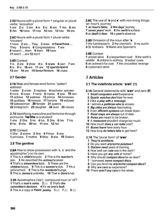 Key 2.68-3.1B
2.68 Nouns with a plural form + singular or plural
verbs: 'acoustics'
1 are 2 is 3 are 4 is 5 is 6 are 7 Are 8 are
9 Are 10have 11 has 12 has 13 has 14 are
2.6C Nouns with a plural form + plural verbs:
'trousers'
1 have 2 are ... They 3 does 4 theselthose ...
They 5 brains 6 Congratulations 7 are
8 haven't ...them 9 them 10have
11 aren't ... are 12 don't
2.6D Context
1 is 2 are 3 show 4 is 5 islare 6 own 7 are
8 is 9 is 10 are 11 are 12 spendslspend
13 are 14 are 15 favourlfavours 16 make
2.7 Gender
2.7A Male and female word forms: 'waiter1
waitress'
1 sister 2 uncle 3 nephew 4 bachelor, spinster
5 nuns 6 cows 7 hens 8 mares 9 sow 10 ram
11 actress 12 waitress 13 prince 14 lionesses
15 goddess 16 heiress 17 heroine 18 widower
19 saleswoman 20 female 21 queens
22 bridegroom 23 daughter 24 aunt 25 nieces
2.78 Identifying masculineand feminine through
pronouns: 'HelShe is a student'
1 she 2 She 3 he 4 his 5 She 6 her 7 his
8 He 9 she 10her 11 she 12 her
2.7C Context
1 She 2 actors 3 She 4 Prince 5 she
6 princess 7 mother 8 Miss 9 she 10 Sisters
2.8 The genitive
2.8A How to show possession with 's, s' and the
apostrophe(') on its own
1 This is a child'sbicycle. 2 This is the teacher's
pen. 3 He described the actress'scareer.
4 That's a stewardess'sjob. 5 These are the
children'stoys. 6 This is a women'sclub. 7 It'sa
girls'school. 8 This is the residents'lounge.
9 This is James's umbrella. 10 That is Doris's hat.
2.8C The use of 's and s' with non-living things:
'an hour's journey'
1 an hour's delay 2 twodays' journey
7 seven years' work 8 the earth's surface
9 at death'sdoor 10 a year's absence
2.8D Omission of the noun after 's
1 the hairdresser's 2 the chemist's 3 my aunt's
4 St Andrew's 5 Marks and Spencer's
2.8E Context
1 animal skins 2 a leopardskincoat 3 the earth's
wildlife 4 children's clothing 5 ladies' coats
6 an actress's fur coat 7 the crocodiles' revenge
8 customers' skins
3 Articles
3.1 The indefinite article: Wan' (1)
3.1A General statements with Wan' and zero (8)
1 Small computers aren't expensive.
2 Quartz watches don't last for ever.
3 1 like a play with a message.
4 1 admire a politician who is sincere.
5 Big cities are always fascinating.
6 Even efficient systemscan break down.
7 Road maps are always out of date.
8 Rules are meant to be broken.
9 A restaurant shouldn't charge too much.
10 How much does a car radio cost?
11 Buses leave here every hour.
12 How long do letters take to get here?
3.18 The 'plural form' of Wan'
1 They're architects.
2 Do you want any/some potatoes?
3 Doctors need years of training.
4 How well can cats see in the dark?
5 Have you got any cats at home?
6 Why should compact discs be so dear?
7 1 borrowed some compact discs.
8 Can you lend me any/some compact discs?
9 Why are cars so expensive?
10 There aren't any cars in the street.
2.88 Apostrophes ('sls'), compoundnoun or 'of'?
1 That's a man's voice. 2 (-) 3 That's the
committee's decision. 4 It's no one's fault.
5 This is a copy of Keats' poetry. 6 (-) 7 (-) 8 (-)
 