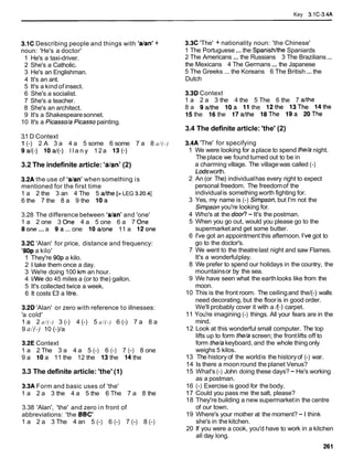 Key 3.1C-3.4A
3.1C Describing people and things with Wan' +
noun: 'He's a doctor'
1 He's a taxi-driver.
2 She's a Catholic.
3 He's an Englishman.
4 It's an ant.
5 It's a kind of insect.
6 She's a socialist.
7 She's a teacher.
8 She's an architect.
9 It's a Shakespearesonnet.
10 It's a Picasso/a Picassopainting.
3.1 D Context
1 (-) 2 A 3 a 4 a 5 some 6 some 7 a 8 a/(-)
9a/(-) loaf(-) l l a n y 12a 13(-)
3.2 The indefinite article: 'a/anl(2)
3.2A the use of Wan' when something is
mentioned for the first time
1 a 2 the 3 an 4 The 5 a/the [> LEG 3.20.41
6 the 7 the 8 a 9 the 1Oa
3.28 The difference between 'a/an' and 'one'
1 a 2 one 3 One 4 a 5 one 6 a 7 One
Bone... a 9 a ... one lodone 11 a 12one
3.2C 'Alan' for price, distance and frequency:
'80p a kilo'
1 They're 90p a kilo.
2 1 take them once a day.
3 We're doing 100 km an hour.
4 lMle do 45 miles a (or to the) gallon.
5 It's collected twice a week.
6 It costs •’3a litre.
3.2D 'Alan' or zero with reference to illnesses:
'a cold'
1 a 2 a/(-) 3 (-) 4 (-) 5 a/(-) 6 (-) 7 a 8 a
9 a/(-) 10 (-)/a
3.2E Context
1 a 2 The 3 a 4 a 5 (-) 6 (-) 7 (-) 8 one
9 a 10a 11 the 12 the 13 the 14the
3.3 The definite article: 'the' (1)
3.3A Form and basic uses of 'the'
1 a 2 a 3 the 4 a 5 the 6 The 7 a 8 the
3.38 'Alan', 'the' and zero in front of
abbreviations: 'the BBC'
1 a 2 a 3 The 4 an 5 (-) 6 (-) 7 (-) 8 (-)
3.3C 'The' + nationality noun: 'the Chinese'
1 The Portuguese... the Spanishlthe Spaniards
2 The Americans ... the Russians 3 The Brazilians...
the Mexicans 4 The Germans ... the Japanese
5 The Greeks ... the Koreans 6 The British ...the
Dutch
3.3D Context
1 a 2 a 3 the 4 the 5 The 6 the 7 althe
8 a 9afthe 10a 11the 12the 13The 14the
15 the 16 the 17althe 18The 19a 2OThe
3.4 The definite article: 'the' (2)
3.4A 'The' for specifying
1 We were looking for a place to spend the/a night.
Theplace we found turned out to be in
a charming village. The villagewas called (-)
~ o d s
worth.
2 An (or The) individualhas every right to expect
personal freedom. The freedomof the
individualis something worth fighting for.
3 Yes, my name is (-) Simpson, but I'm not the
Simpsonyou're looking for.
4 Who's at the doof?-It's the postman.
5 When you go out, would you please go to the
supermarket and get some butter.
6 I've got an appointment this afternoon. I'vegot to
go to the doctor's.
7 We went to the theatrelast night and saw Flames.
It's a wonderfulplay.
8 We prefer to spend our holidays in the country, the
mountainsor by the sea.
9 We have seen what the earthlooks like from the
moon.
10 This is the front room. The ceilingand the/(-) walls
need decorating, but the flooris in good order.
We'll probably cover it with a /(-) carpet.
11 You're imagining (-) things. All your fears are in the
mind.
12 Look at this wonderful small computer. The top
lifts up to form the/a screen; the frontlifts off to
form the/a keyboard, and the whole thingonly
weighs 5 kilos.
13 The historyof the worldis the historyof (-) war.
14 Is there a moon round the planet Venus?
15 What's (-) John doing these days? - He's working
as a postman.
16 (-) Exercise is good for the body.
17 Could you pass me the salt, please?
18 They're building a new supermarketin the centre
of our town.
19 Where's your mother at the moment? - I think
she's in the kitchen.
20 If you were a cook, you'd have to work in a kitchen
all day long.
 