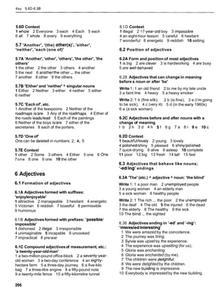 Key 5.6D-6.3B
5.6D Context
1 whole 2 Everyone 3 each 4 Each 5 each
6 all 7 whole 8 every 9 everything
5.7 'Another', '(the) other(s)', 'either',
'neither', 'each (one of)'
5.7A 'Another', 'other', 'others', 'the other', 'the
others'
1 the other 2 the other 3 others 4 another
5 the next 6 anotherlthe other ... the other
7 another 8 other 9 the others
5.78 'Either' and 'neither' + singular nouns
1 Either 2 Neither 3 either 4 neither 5 either
6 neither
5.7C 'Each of', etc.
1 Another of the teaspoons 2 Neither of the
roadmaps islare 3 Any of the roadmaps 4 Either of
the roads leadsllead 5 Each of the paintings
6 Neither of the boys islare 7 either of the
secretaries 8 each of the porters.
5.7D 'One of'
One can be deleted in numbers: 2, 4, 5
5.7E Context
1 other 2 Some 3 others 4 Either 5 one 6 One
7one 8 one 9 one 10the other
6 Adjectives
6.1 Formation of adjectives
6.1A Adjectives formed with suffixes:
'enjoylenjoyable'
1 attractive 2 manageable 3 hesitant 4 energetic
5 Victorian 6 reddish 7 boastful 8 permissible
9 humorous
6.1B Adjectives formed with prefixes: 'possible1
impossible'
1 dishonest 2 illegal 3 irresponsible
4 unimaginable 5 incapable 6 uncooked
7 impractical 8 pre-war
6.1C Compound adjectivesof measurement, etc.:
'a twenty-year-oldman'
1 a two-million-pound office-block 2 a seventy-year-
old woman 3 a two-day conference 4 an eighty-
hectare farm 5 a three-day journey 6 a five-kilo
bag 7 a three-litre engine 8 a fifty-pound note
9 a twenty-mile fence 10 a fifty-kilometre tunnel
6.1D Context
1 illegal 2 17-year-oldboy 3 impossible
4 an eight-hour lesson 5 careful 6 hesitant
7 wonderful 8 energetic 9 reddish 10 setting
6.2 Position of adjectives
6.2A Form and position of most adjectives
1 is big 2 are clever 3 is hardworking 4 are busy
5 are well-behaved
6.28 Adjectives that can change in meaning
before a noun or after 'be'
Write 1: 1 an old friend 2 to me by my late uncle
3 a faint line 4 heavy 5 a heavy smoker
Write 2: 1 b (fine silk), 2 b (is fine), 3 e (I'm going
to be sick), 4 c (very ill) 5 d (in the early 1960s)
6 a (a sick woman)
6.2C Adjectives before and after nouns with a
change of meaning
l b 2 h 3 d 4 h 5 f 6 g 7 a 8 i 9 e 1 0 c
6.2D Context
1 beautiful/lovely 2 young 3 lovely
4 polishedlshiny 5 pleased 6 shinylpolished
7 quick-drying 8 alive 9 asleep 10complete
11 poor 12 big 13 fresh 14 tall 15 fast
6.3 Adjectives that behave like nouns;
'-edling' endings
6.3A 'The' (etc.) + adjective + noun: 'the blind'
Write 1: 1 a poor man 2 unemployed people
3 a young woman 4 an elderly man
5 a sick woman 6 healthy people
Write 2: 1 The rich ... the poor 2 the unemployed
3 the deaf 4 The old 5 the injured 6 the dead
7 the elderly 8 The healthy 9 the sick
10 The blind ... the sighted
6.38 Adjectives ending in '-ed' and '-ing':
'interestedlinteresting'
1 We were amazed by the coincidence.
2 The journey was tiring.
3 Sylvia was upset by the experience.
4 The experience was upsetting (for us).
5 Gloria was enchanting.
6 Gloria was enchanted (by me).
7 The children were delighfful.
8 We were delighted by the children.
9 The new building is impressive.
10 Everybody is impressedby the new building.
 