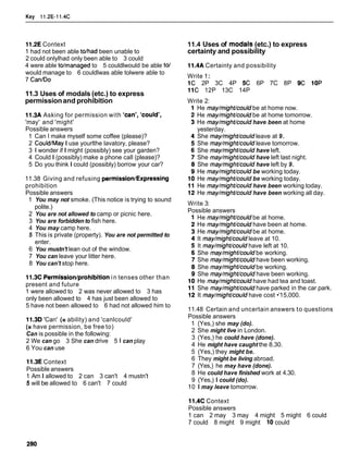 Key 11.2E-11.4C
11.2E Context
1 had not been able tolhad been unable to
2 could onlylhad only been able to 3 could
4 were able tolmanaged to 5 couldlwould be able to1
would manage to 6 couldlwas able tolwere able to
7 CanIDo
11.3 Uses of modals (etc.) to express
permissionand prohibition
11.3A Asking for permission with 'can', 'could',
'may' and 'might'
Possible answers
1 Can I make myself some coffee (please)?
2 CouldIMayI use yourlthe lavatory, please?
3 1 wonder if I might (possibly) see your garden?
4 Could I (possibly) make a phone call (please)?
5 Do you think I could (possibly) borrow your car?
11.38 Giving and refusing permission1Expressing
prohibition
Possible answers
1 You may not smoke. (This notice is trying to sound
polite.)
2 You are not allowed to camp or picnic here.
3 You are forbiddento fish here.
4 You may camp here.
5 This is private (property). You are not permitted to
enter.
6 You mustn't lean out of the window.
7 You can leave your litter here.
8 You can't stop here.
11.3C Permissionlprohibition in tenses other than
present and future
1 were allowed to 2 was never allowed to 3 has
only been allowed to 4 has just been allowed to
5 have not been allowed to 6 had not allowed him to
11.3D 'Can' (=ability) and 'canlcould'
(= have permission, be free to)
Can is possible in the following:
2 We can go 3 She can drive 5 I can play
6 You can use
11.3E Context
Possible answers
1 Am Iallowed to 2 can 3 can't 4 mustn't
5 will be allowed to 6 can't 7 could
11.4 Uses of modals(etc.) to express
certainty and possibility
11.4A Certainty and possibility
Write 1:
1C 2P 3C 4P 5C 6P 7C 8P 9C 10P
11C 12P 13C 14P
Write 2:
He may/might/couldbe at home now.
He may/might/couldbe at home tomorrow.
He may/might/could have been at home
yesterday.
She may/might/couldleave at 9.
She may/might/could leave tomorrow.
She may/might/could have left.
She may/might/could have left last night.
She may/might/could have left by 9.
He may/might/could be working today.
He may/might/could be working today.
He may/might/could have been working today.
He may/might/could have been working all day.
Write 3:
Possible answers
He may/might/couldbe at home.
He may/might/couldhave been at home.
He may/might/couldbe at home.
It may/might/couldleave at 10.
It may/might/couldhave left at 10.
She may/might/couldbe working.
She may/might/couldhave been working.
She may/might/couldbe working.
She may/might/could have been working.
He may/might/couldhave had tea and toast.
She may/might/couldhave parked in the car park.
It may/might/couldhave cost •’15,000.
11.48 Certain and uncertain answers to questions
Possible answers
1 (Yes,) she may (do).
2 She might live in London.
3 (Yes,) he could have (done).
4 He might have caught the 8.30.
5 (Yes,) they might be.
6 They might be living abroad.
7 (Yes,) he may have (done).
8 He could have finished work at 4.30.
9 (Yes,) I could (do).
10 I may leave tomorrow.
11.4C Context
Possible answers
1 can 2 may 3 may 4 might 5 might 6 could
7 could 8 might 9 might 10 could
 