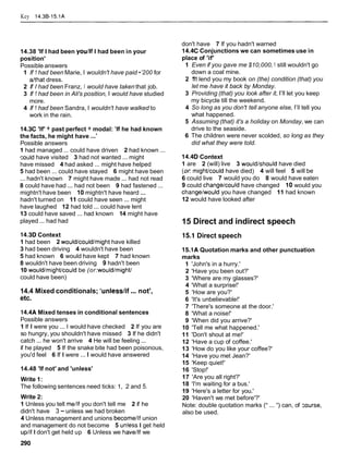 Key 14.3B-15.1A
14.38 'If I had been youllf
position'
Possible answers
I had been in your
1 If 1 had been Marie, I wouldn't have paid •’200 for
afthat dress.
2 If I had been Franz, I would have taken that job.
3 If 1 had been in Ali's position, I would have studied
more.
4 If 1 had been Sandra, I wouldn't have walked to
work in the rain.
14.3C 'If' + past perfect + modal: 'If he had known
the facts, he might have ...'
Possible answers
1 had managed ... could have driven 2 had known ...
could have visited 3 had not wanted ... might
have missed 4 had asked ... might have helped
5 had been ... could have stayed 6 might have been
... hadn't known 7 might have made ... had not read
8 could have had ... had not been 9 had fastened ...
mightn't have been 10 mightn't have heard ...
hadn't turned on 11 could have seen ... might
have laughed 12 had told ... could have lent
13 could have saved ... had known 14 might have
played ... had had
14.3DContext
1 had been 2 would/could/mighthave killed
3 had been driving 4 wouldn't have been
5 had known 6 would have kept 7 had known
8 wouldn't have been driving 9 hadn't been
10 would1mightlcouldbe (or:wouldlmightl
could have been)
14.4 Mixed conditionals; 'unlesslif... not',
etc.
14.4A Mixed tenses in conditional sentences
Possible answers
1 If I were you ... I would have checked 2 If you are
so hungry, you shouldn't have missed 3 If he didn't
catch ... he won't arrive 4 He will be feeling ...
if he played 5 If the snake bite had been poisonous,
you'd feel 6 If I were ... I would have answered
14.48 'If not' and 'unless'
Write 1:
The following sentences need ticks: 1, 2 and 5.
Write 2:
1 Unless you tell mellf you don't tell me 2 if he
didn't have 3 - unless we had broken
4 Unless management and unions becomellf union
and management do not become 5 un!ess I get held
uplif I don't get held up 6 Unless we havellf we
don't have 7 If you hadn't warned
14.4CConjunctions we can sometimes use in
place of 'if'
1 Even if you gave me $10,000, 1 still wouldn't go
down a coal mine.
2 1
'
1
1 lend you my book on (the) condition (that) you
let me have it back by Monday.
3 Providing (that) you look after it, I'IIlet you keep
my bicycle till the weekend.
4 So long as you don't tell anyone else, I'IItell you
what happened.
5 Assuming (that) it's a holiday on Monday, we can
drive to the seaside.
6 The children were never scolded, so long as they
did what they were told.
14.4D Context
1 are 2 (will) live 3 would/should have died
(or mightlcould have died) 4 will feel 5 will be
6 could live 7 would you do 8 would have eaten
9 could changelcould have changed 10 would you
changelwould you have changed 11 had known
12 would have looked after
15 Direct and indirect speech
15.1 Direct speech
15.1A Quotation marks and other punctuation
marks
1 'John's in a hurry.'
2 'Have you been out?'
3 'Where are my glasses?'
4 'What a surprise!'
5 'How are you?'
6 'It's unbelievable!'
7 'There's someone at the door.'
8 'What a noise!'
9 'When did you arrive?'
10 'Tell me what happened.'
11 'Don't shout at me!'
12 'Have a cup of coffee.'
13 'How do you like your coffee?'
14 'Have you met Jean?'
15 'Keep quiet!'
16 'Stop!'
17 'Are you all right?'
18 'I'm waiting for a bus.'
19 'Here's a letter for you.'
20 'Haven't we met before'?'
Note: double quotation marks (" ... ") can, of zourse,
also be used.
 