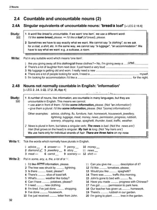2 Nouns
2.4 Countable and uncountable nouns (2)
2.4A Singular equivalents of uncountable nouns: 'breadlaloaf' [>LEG 2.16.61
Study:
I**I I'd like some bread, please. -
,I'd likea loaf (of bread), please.
Write: Put in any suitable word which means 'one item'.
1 Are you giving away all this clothing/all these clothes?- No, I'm giving away a ......
m:
.................
2 There's a lot of laughter from next door. I just heard a very loud .......................................................
3 My luggage is getting old and worn. I really need a new ....................................................................
4 There are a lot of people looking for work. I need a ............................................................
myself.
5 I'm looking for accommodation.I'd like a .......................................................................
for the night.
2.48 Nouns not normally countable in English: 'information'
[>LEG 2.14.1-2,
2.17,
2.30,App 4
1
uncountablein English. This means we cannot:
-use a/anin front of them: I'd like some information,please. (Not 'an information')
-give them a plural: I'd like some information,please. (Not *(some) informations')
Other examples: advice, clothing, flu, furniture, hair, homework, housework, jewellery,
lightning, luggage, meat, money, news, permission, progress, rubbish,
scenery, shopping, soap, spaghetti, thunder, toast, traffic, weather.
2 News is plural in form, but takes a singular verb: The news is bad. (Not'the news are')
Hair (that grows on the head) is singular: My hair is long. (Not 'my hairs are')
Write 1: Tick the words which normally have plurals in English.
1 advice - 4 answer- 7 penny - 10 money -
2 diamond c/ 5 jewellery- 8 story - 1 1 news -
3 meat- 6 carrot - 9 scenery- 12 shirt-
Write 2: Put in some, any, a, the, a lot of or '-'.
1 I'd likeeinformation, please. 1 1 Can you give me ..........description of it?
2 The tree was struck by ..........lightning. 12 I'd like ..........tomatoes, please.
3 Is there ..........toast, please? 13 Would you like ..........spaghetti?
4 There's ..........slice of toast left. 14 There was ..........traffic this morning.
5 What's ..........weather like today? 15 John's gone to bed with ..........flu.
6 Can I have ..........potatoes, please? 16 Have you made ..........progress with Chinese?
7 1 need ..........new clothing. 17 I've got .......... permission to park here.
8 I'm tired. I've just done ..........shopping. 18 Our teacher has given us ..........homework.
9 I've done ..........housework. 19 There's ..........rubbish in our garden.
10 I've just received ..........letter from John. 20 I'm going to plant .......... tree in the garden.
32
 