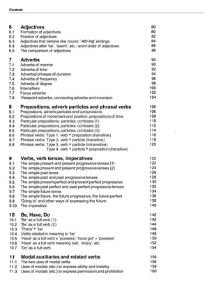 Contents
Adjectives
Formation of adjectives
Position of adjectives
Adjectives that behave like nouns; '-edl-ing'endings
Adjectives after 'be', 'seem', etc.; word order of adjectives
The comparison of adjectives
Adverbs
Adverbsof manner
Adverbs of time
Adverbial phrases of duration
Adverbs of frequency
Adverbs of degree
Intensifiers
Focus adverbs
Viewpoint adverbs, connectingadverbs and inversion
Prepositions, adverb particles and phrasal verbs
Prepositions, adverbparticles and conjunctions
Prepositions of movement and position; prepositionsof time
Particular prepositions, particles: contrasts (1)
Particular prepositions,particles: contrasts (2)
Particular prepositions,particles: contrasts (3)
Phrasal verbs: Type 1, verb + preposition (transitive)
Phrasal verbs: Type 2, verb +particle (transitive)
Phrasal verbs: Type 3, verb + particle (intransitive)
Type 4, verb + particle + preposition (transitive)
Verbs, verb tenses, imperatives
The simple present and present progressive tenses (1)
The simple present and present progressivetenses (2)
The simple past tense
The simple past and past progressivetenses
The simple present perfect and present perfect progressive
The simple past perfect and past perfect progressive tenses
The simple future tense
The simple future, the future progressive,the future perfect
'Going to' and other ways of expressing the future
The imperative
Be, Have, Do
'Be' as a full verb (1)
'Be' as a full verb (2)
'There' + 'be'
Verbs relatedin meaning to 'be'
'Have' as a full verb = 'possess'; 'have got' = 'possess'
'Have' as a full verb meaning 'eat', 'enjoy', etc.
'Do' as a full verb
Modal auxiliaries and related verbs
The two uses of modal verbs
Uses of modals (etc.) to express ability and inability
Uses of modals (etc.) to express permission and prohibition
 