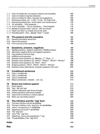 Contents
11.4 Uses of modals (etc.) to express certainty and possibility
11.5 Uses of modals to express deduction
11.6 Uses of modals for offers, requests and suggestions
11.7 Expressing wishes, etc.: 'I wish', 'if only', 'it's (high) time'
11.8 Expressing preferences: 'would rather' and 'would sooner'
11.9 'It's advisable ...'l'lt's necessary ...'
11.10 'It isn't advisable ...'/'It isn't necessary ...'/'It's forbidden'
11.I1 Modals to express habit: 'used to', 'will' and 'would'
11.12 'Need' and 'dare' as modals and as full verbs
11.13 'Wouldlwouldn't'; 'that ...should'; 'there' + modal
The passive and the causative
General information about form
Uses of the passive
Form and use of the causative
Questions, answers, negatives
YesINo questions, negative statements, YesINo answers
Alternative negative forms and negative questions
Tag questions and echo tags
Additions and responses
Question-word questions (1):'Who(m) ...?', 'What ...?'
Question-word questions (2): 'When?', 'Where?', 'Which?', 'Whose?'
Question-word questions (3): 'Why?', 'How?'
Subject-questions: 'Who?', 'What?', 'Which?', 'Whose?'
Questions about alternatives; emphatic questions with 'ever'
Conditional sentences
Type 1 conditionals-
Type 2 conditionals '
Type 3 conditionals
Mixed conditionals; 'unlesslif ...not', etc.
Direct and indirect speech
Direct speech
'Say', 'tell' and 'ask'
lndirect statements with tense changes
Indirect questions with tense changes
Uses of the to-infinitive in indirect speech
When we use indirect speech
The infinitive and the '-ing' form
The bare infinitive and the toinfinitive
The bare infinitive or the '-ing' form; the toinfinitive
Verb (+ nounlpronoun) + toinfinitive
Adjectives and nouns + toinfinitive
The '-ing' form
Verb + the '-ing' form
Adjectives, nouns and prepositions + '-ing'
The toinfinitive or the '-ing' form?
Index
Key
 