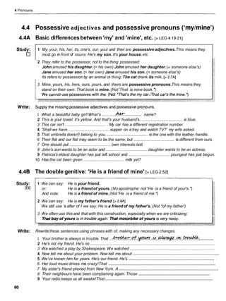 4 Pronouns
4.4 Possessive adjectives and possessive pronouns ('my/mineY)
4.4A Basic differencesbetween 'my' and 'mine', etc. [> LEG 4.19-211
Study: 1 My, your, his, her, its, one's, our, your and their are possessive adjectives.This means they
must go in front of nouns: He's my son. It's your house.etc.
2 They refer to the possessor, not to the thing possessed:
John amused his daughter.(= his own) John amused her daughter. (= someone else's)
Jane amused her son. (= her own) Jane amused his son. (= someone else's)
Its refers to possession by an animal or thing: The cat drank its milk. [> 2.7AI
3 Mine, yours, his, hers, ours, yours, and theirs are possessive pronouns.This means they
stand on their own: That book is mine. (Not'That is mine book.')
................
1 What a beautiful baby girl!What's ............ name?
2 This is your towel: it's yellow. And that's your husband's. ..................................... is blue.
3 This car isn't ...................................... My car has a different registration number.
4 'Shall we have .....................................supper on a tray and watch TV?' my wife asked.
5 That umbrella doesn't belong to you. ..................................... is the one with the leather handle.
6 Their flat and our flat may seem to be the same, but ..................................... is different from ours.
7 One should put ..................................... own interests last.
8 John's son wants to be an actor and .....................................daughter wants to be an actress.
9 Patricia's eldest daughter has just left school and ..................................... youngest has just begun.
10 Has the cat been given ..................................... milk yet?
4.4B The double genitive: 'He is a friend of mine' [> LEG 2
.
5
2
1
Study:
I**I
1 We can say: He is your friend.
or: He is a friend of yours. (No apostrophe: not 'He is a friend of your's. ')
And note: He is a friend of mine. (Not'He is a friend of me.')
2 We can say: He is my father's friend. [> 2.8AI
We still use 'safter of if we say: He is a friend of my father's. (Not *of my father')
3 We often use this and that with this construction, especially when we are criticizing:
Write: Rewritethese sentences using phrases with of, making any necessary changes.
..............
1 Your brother is always in trouble.That ...* ..af.v...&?..w
:
2 He's not my friend. He's no .................................................................................................................
3 We watched a play by Shakespeare.We watched .............................................................................
..........................................................................
4 Now tell me about your problem. Now tell me about
..............................................................................
5 We've known him for years. He's our friend. He's
................................................................................................
6 Her loud music drives me crazy!That
.......................................................................................
7 My sister's friend phoned from New York. A
.....................................................................
8 Their neighbours have been complaining again. Those
...................................................................................................
9 Your radio keeps us all awake!That
 