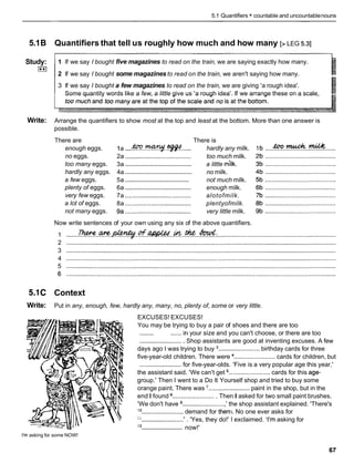 5.1 Quantifiers + countable and uncountablenouns
5.1B Quantifiers that tell us roughly how much and how many [> LEG 5.31
Study: 1 If we say I bought five magazines to read on the train, we are saying exactly how many.
(**I
2 If we say I bought some magazinesto read on the train, we aren't saying how many.
3 If we say I bought a few magazines to read on the train, we are giving 'a rough idea'.
Some quantity words like a few, a little give us 'a rough idea'. If we arrange these on a scale,
Write: Arrange the quantifiers to show most at the top and least at the bottom. More than one answer is
possible.
There are
enough eggs.
no eggs.
too many eggs.
hardly any eggs.
a few eggs.
plenty of eggs.
very few eggs.
a lot of eggs.
not many eggs.
There is
....
1a ....&. .
-
. .w.. hardly any milk.
2a ...................................... too much milk.
......................................
3a a little mllk.
......................................
4a no milk.
......................................
5a not much milk.
......................................
6a enough milk.
7a ...................................... alotofmilk.
8a ...................................... plentyofmilk.
9a ...................................... very little milk.
Now write sentences of your own using any six of the above quantifiers.
1 .......m . . ~ . ~ . . o f . W . . & . . r n . . ~ :
.....................................................................
2 ............................................................................................................................................................
3 ............................................................................................................................................................
4 ............................................................................................................................................................
5 ............................................................................................................................................................
5.1C Context
Write: Put in any, enough, few, hardly any, many, no, plenty of, some or very little.
EXCUSES! EXCUSES!
You may be trying to buy a pair of shoes and there are too
........ ......in your size and you can't choose, or there are too
.........................Shop assistants are good at inventing excuses. A few
days ago I was trying to buy ........................ birthday cards for three
five-year-old children. There were ........................ cards for children, but
........................
for five-year-olds. 'Five is a very popular age this year,'
the assistant said. 'We can't get ........................ cards for this age-
group.' Then I went to a Do It Yourself shop and tried to buy some
orange paint. There was ........................
paint in the shop, but in the
end I found ......................... Then I asked for two small paint brushes.
'We don't have .........................
' the shop assistant explained. 'There's
l o ........................ demand for then^. No one ever asks for
1 1 ........................
' . 'Yes, they do!' I exclaimed. 'I'm asking for
........................
l2 now!'
I'm asking for some NOW!
 