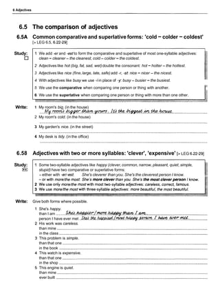 6 Adjectives
6.5 The compzrison of adjectives
6.5A Common comparative and superlative forms: 'cold -colder -coldest'
[> LEG 6.5, 6.22-291
Study:
Write: 1
2
3
4
1 We add -er and -estto form the comparative and superlative of most one-syllable adjectives:
clean -cleaner - the cleanest, cold -colder -the coldest.
2 Adjectives like hot (big, fat, sad, wet)double the consonant: hot -hotter - the hottest.
3 Adjectives like nice (fine,large, late, safe) add -r, -st nice - nicer - the nicest.
4 With adjectives like busy we use -iin place of -y: busy - busier -the busiest.
5 We use the comparative when comparing one person or thing with another. 7
6 We use the superlative when comparing one person or thing with more than one other.
My room's big. (in the house)
.....
~ v . . m . w . m . ~
....r . t j . ~ . ~ . - v . . ~ . -
................................
My room's cold. (in the house)
My garden's nice. (in the street)
My desk is tidy. (in the office)
6.58 Adjectives with two or more syllables: 'clever', 'expensive' [> LEG 6.22-291
Study:
I**I
1 Some two-syllable adjectives like happy (clever, common, narrow, pleasant, quiet, simple,
stupid) have two comparative or superlative forms:
- either with -er/-est She's cleverer than you. She's the cleverest person I know.
Write: Give both forms where possible.
She's happy.
than I am .........~ ~ . ~ ~ ~ . . ~ . . ~ . ~ . W ?
.,........................................................
person I have ever met . . & ! . ~ . & @ . / W . ~ . ~ . . r . h a u e . . ~ . . & :
.................
His work was careless.
than mine ............................................................................................................................................
in the class ..........................................................................................................................................
This problem is simple.
than that one .......................................................................................................................................
in the book ..........................................................................................................................................
This watch is expensive.
than that one .......................................................................................................................................
in the shop ..........................................................................................................................................
This engine is quiet.
than mine ............................................................................................................................................
ever built .............................................................................................................................................
 