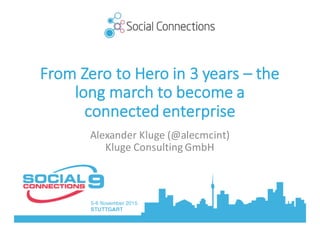 From	Zero	to	Hero	in	3	years	– the	
long	march	to	become	a	
connected	enterprise
Alexander	Kluge	(@alecmcint)	
Kluge	Consulting	GmbH
 