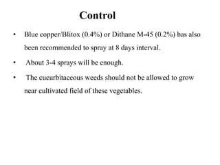 Control
• Blue copper/Blitox (0.4%) or Dithane M-45 (0.2%) bas also
been recommended to spray at 8 days interval.
• About 3-4 sprays will be enough.
• The cucurbitaceous weeds should not be allowed to grow
near cultivated field of these vegetables.
 
