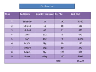 Sl no Fertilizers Quantity required Rs. / kg Cost (Rs.)
1 19:19:19 24 190 4,560
2 12:6:10 10 18 180
3 13:0:45 60 11 660
4 Urea 112 6 672
5 SSP 152 9 1,370
6 ZnSO4 3kg 60 180
7 MnSO4 3kg 80 240
8 CaNo3 3kg 120 360
9 Borax 40kg 200 8000
Total 16,220
Fertilizer cost
 