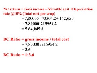 Net return = Goss income – Variable cost +Depreciation
rate @10% (Total cost per crop)
= 7,80000– 73304.2+ 142,650
= 7,80000-215954.2
= 5,64,045.8
BC Ratio = gross income / total cost
= 7,80000 /215954.2
= 3.6
BC Ratio = 1:3.6
 