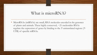 What is microRNA?
• MicroRNAs (miRNAs) are small, RNA molecules encoded in the genomes
of plants and animals. These highly conserved, ~21 nucleotides RNAs
regulate the expression of genes by binding to the 3'-untranslated regions (3'-
UTR) of specific mRNAs.
 