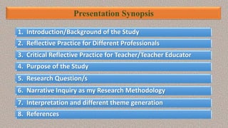 1. Introduction/Background of the Study
2. Reflective Practice for Different Professionals
3. Critical Reflective Practice for Teacher/Teacher Educator
4. Purpose of the Study
5. Research Question/s
6. Narrative Inquiry as my Research Methodology
7. Interpretation and different theme generation
8. References
 