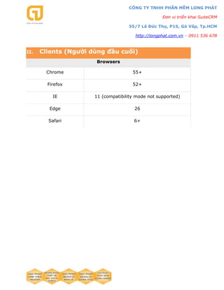 CÔNG TY TNHH PHẦN MỀM LONG PHÁT
Đơn vị triển khai SuiteCRM
55/7 Lê Đức Thọ, P15, Gò Vấp, Tp.HCM
http://longphat.com.vn – 0911 536 678
II. Clients (Người dùng đầu cuối)
Browsers
Chrome 55+
Firefox 52+
IE 11 (compatibility mode not supported)
Edge 26
Safari 6+
 