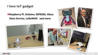 I love IoT gadget
2
Raspberry Pi, Arduino, ESP8266, Alexa
Voice Service, LoRaWAN and more.
 