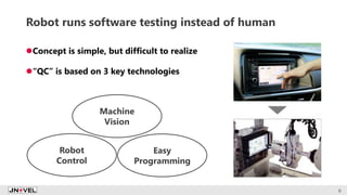 Robot runs software testing instead of human
Concept is simple, but difficult to realize
“QC” is based on 3 key technologies
6
Robot
Control
Machine
Vision
Easy
Programming
 