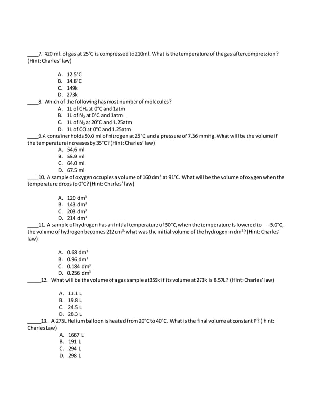 gAS LAWS Long quiz questionnaire | DOCX | Chemistry | Science