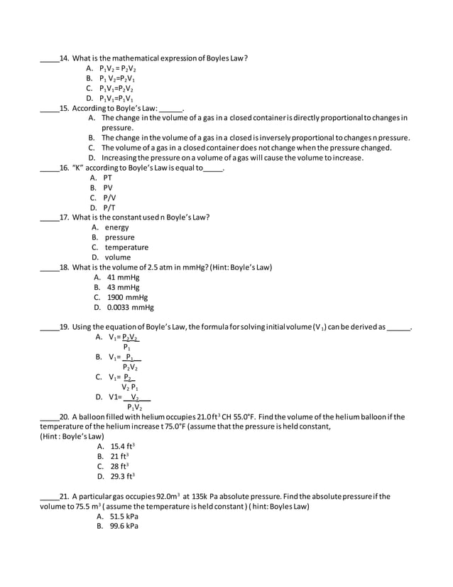gAS LAWS Long quiz questionnaire | DOCX | Chemistry | Science