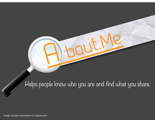 t.M e
                                          A   b ou
                     Helps people know who you are and find what you share.




image via paid subscription to iclipart.com
 