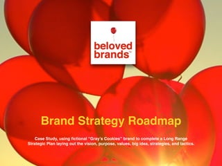 We make brands stronger.
We make brand leaders smarter.
Case Study, using ﬁctional “Gray’s Cookies” brand to complete a Long Range
Strategic Plan laying out the vision, purpose, values, big idea, strategies, and tactics.
Brand Strategy Roadmap
 